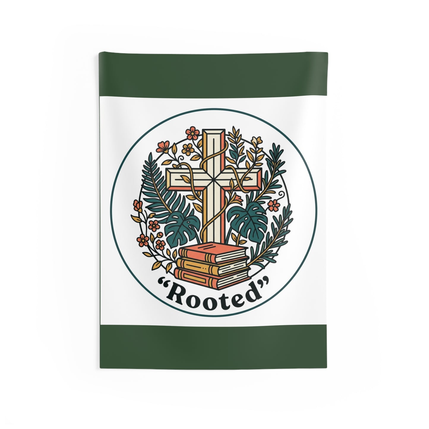 Wall Tapestry — 'Rooted' Cross with Books & Botanical Wreath (Faith Home Décor)