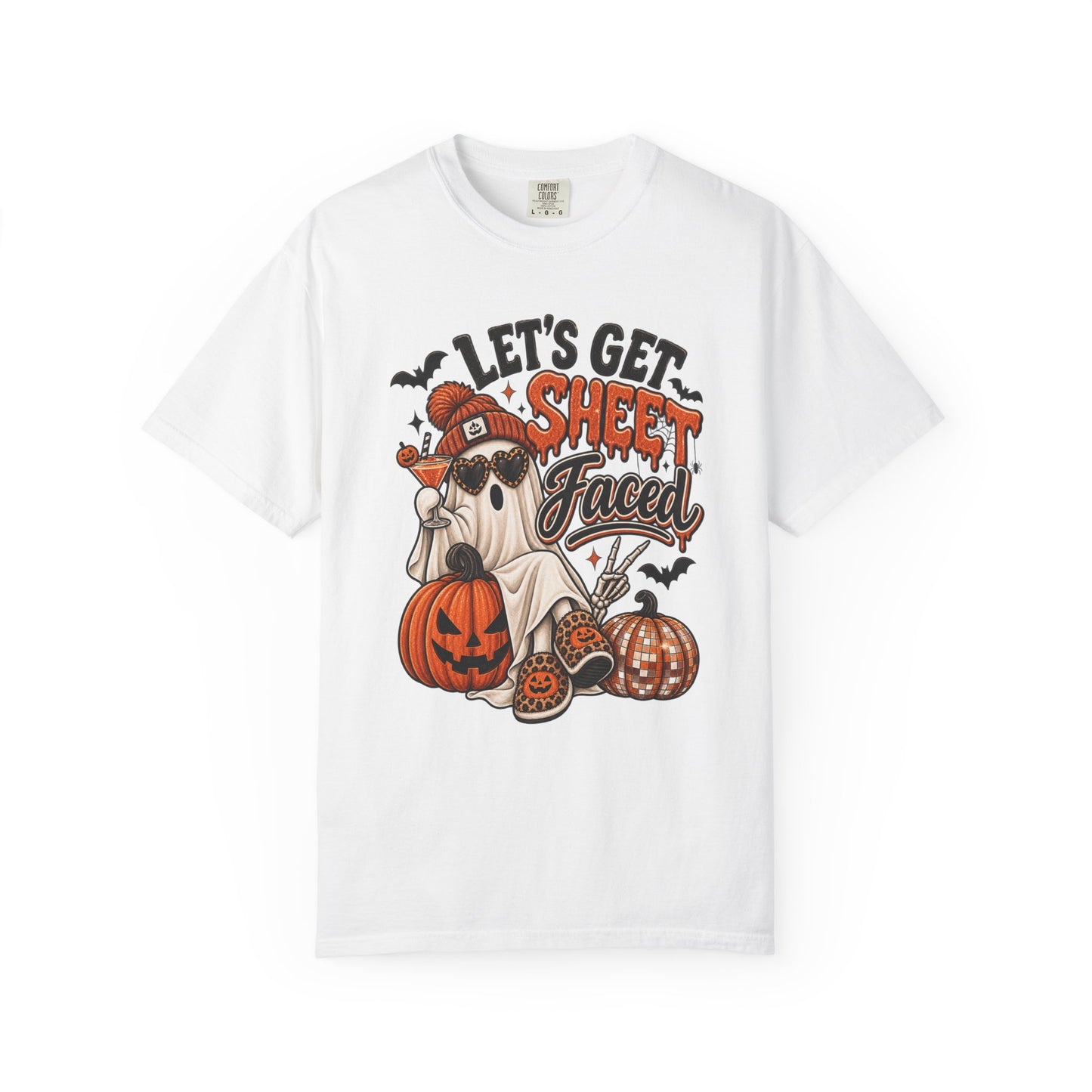 Halloween Ghost Dog T-Shirt — "Let’s Get Sheet Faced" Pumpkin Party Tee
