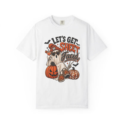 Halloween Ghost Dog T-Shirt — "Let’s Get Sheet Faced" Pumpkin Party Tee