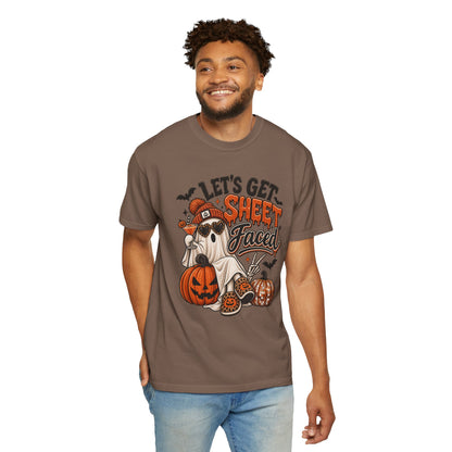 Halloween Ghost Dog T-Shirt — "Let’s Get Sheet Faced" Pumpkin Party Tee