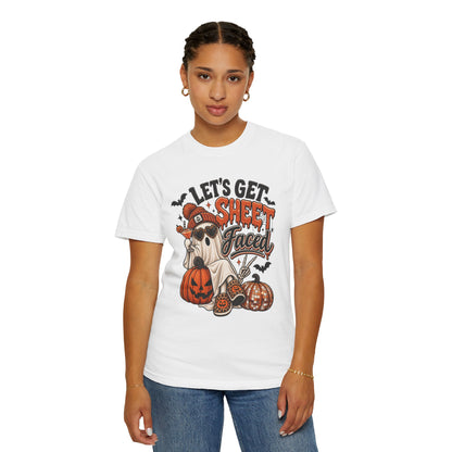 Halloween Ghost Dog T-Shirt — "Let’s Get Sheet Faced" Pumpkin Party Tee