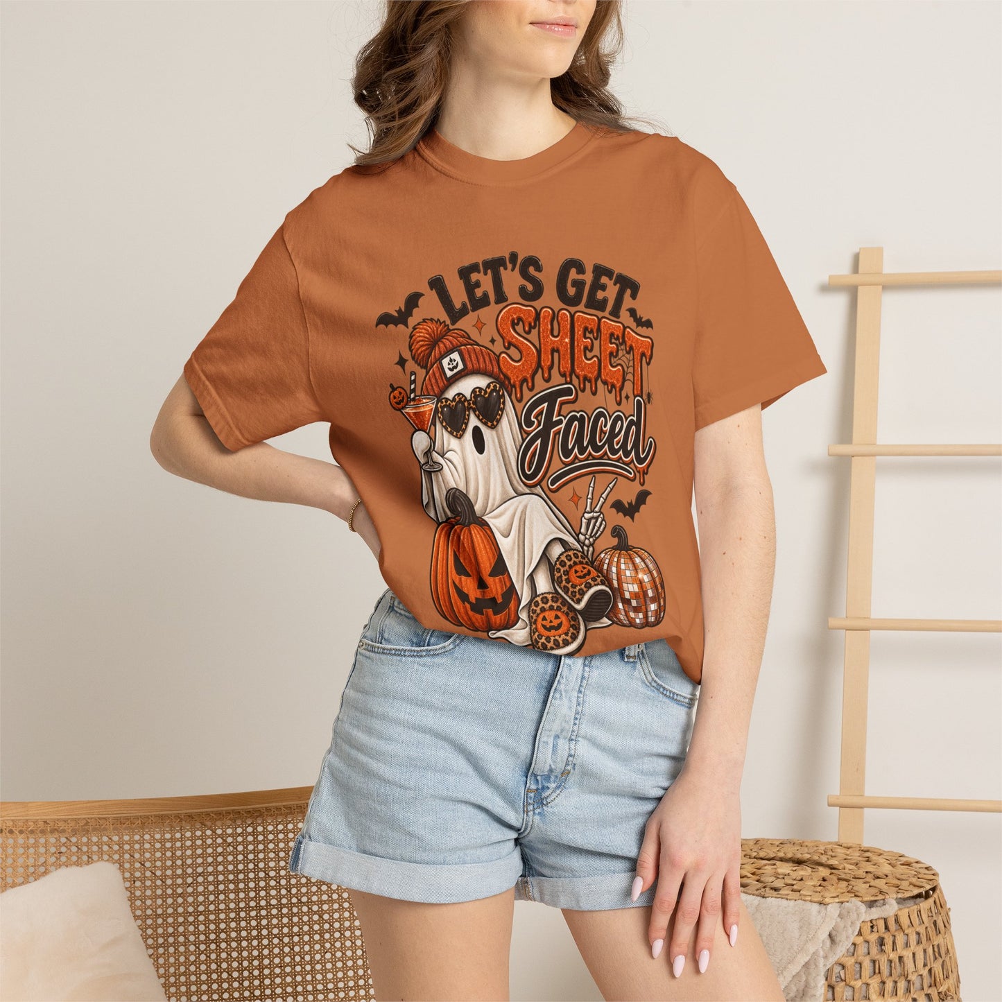 Halloween Ghost Dog T-Shirt — "Let’s Get Sheet Faced" Pumpkin Party Tee