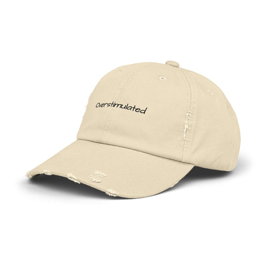 Distressed Baseball Cap — "Overstimulated" Minimal Script
