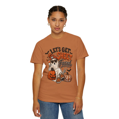 Halloween Ghost Dog T-Shirt — "Let’s Get Sheet Faced" Pumpkin Party Tee