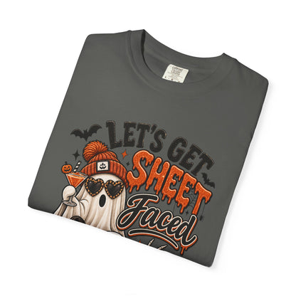 Halloween Ghost Dog T-Shirt — "Let’s Get Sheet Faced" Pumpkin Party Tee