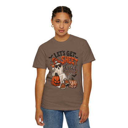 Halloween Ghost Dog T-Shirt — "Let’s Get Sheet Faced" Pumpkin Party Tee