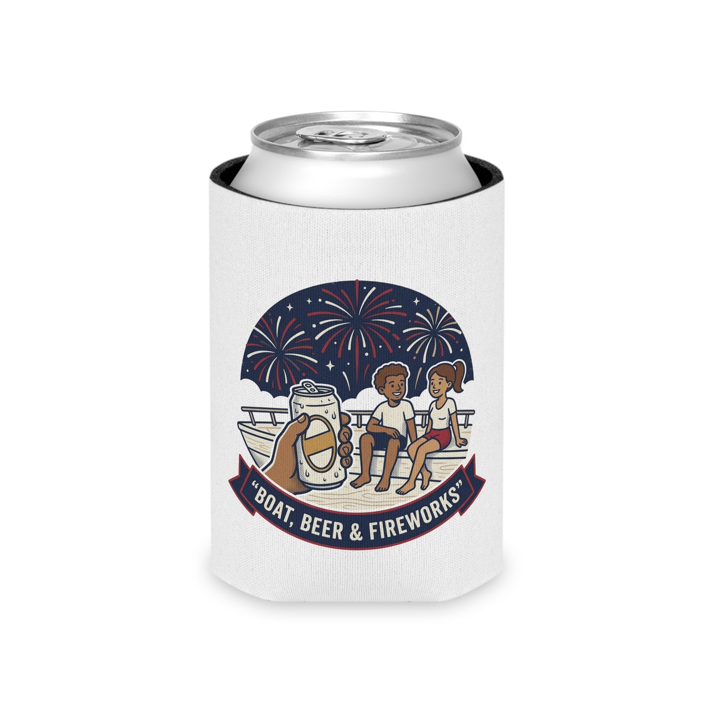 Boat, Beer & Fireworks Can Cooler — Insulated Beverage Koozie for Summer Parties