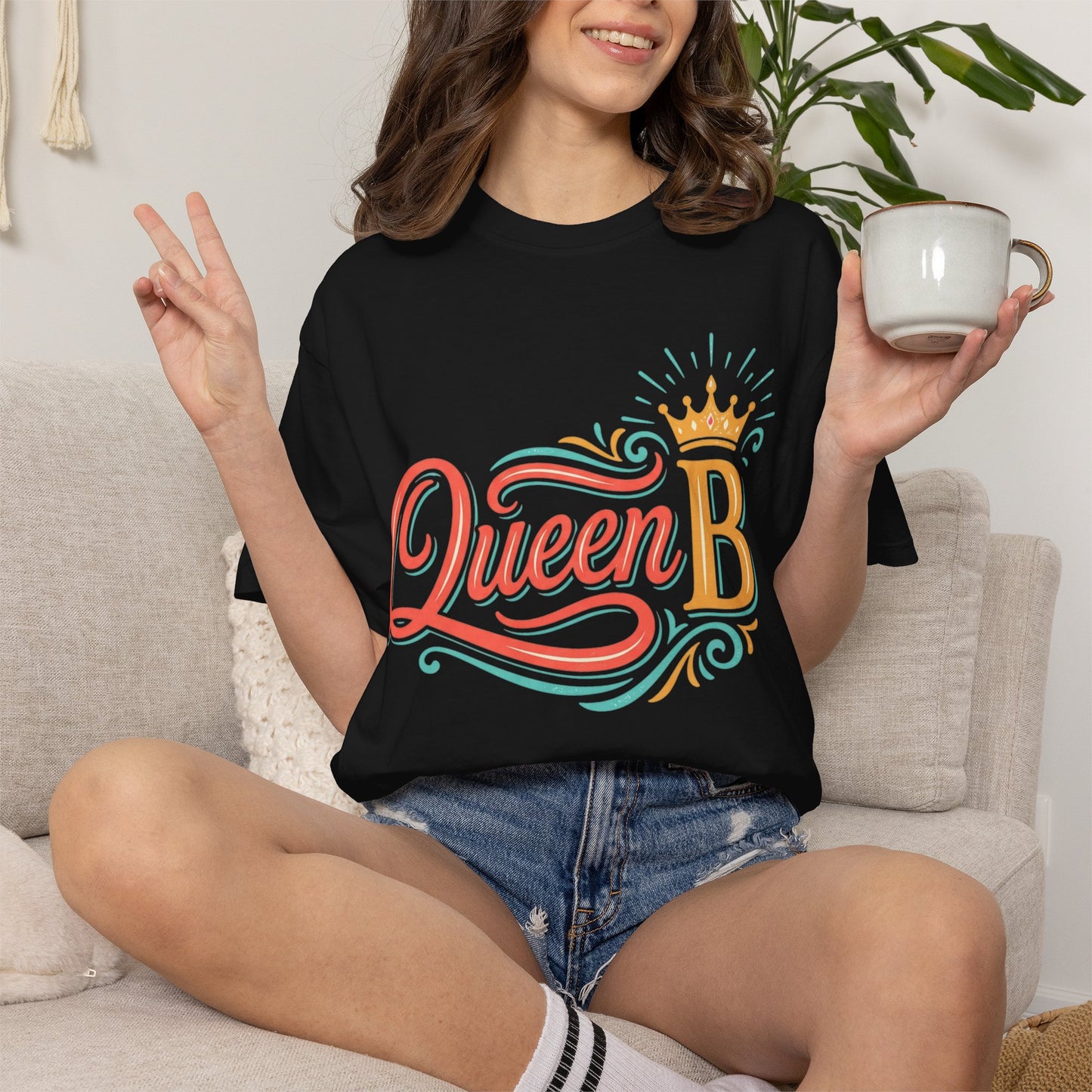 Queen B T-Shirt — Colorful Script Graphic Tee with Crown