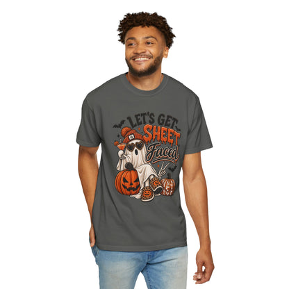 Halloween Ghost Dog T-Shirt — "Let’s Get Sheet Faced" Pumpkin Party Tee