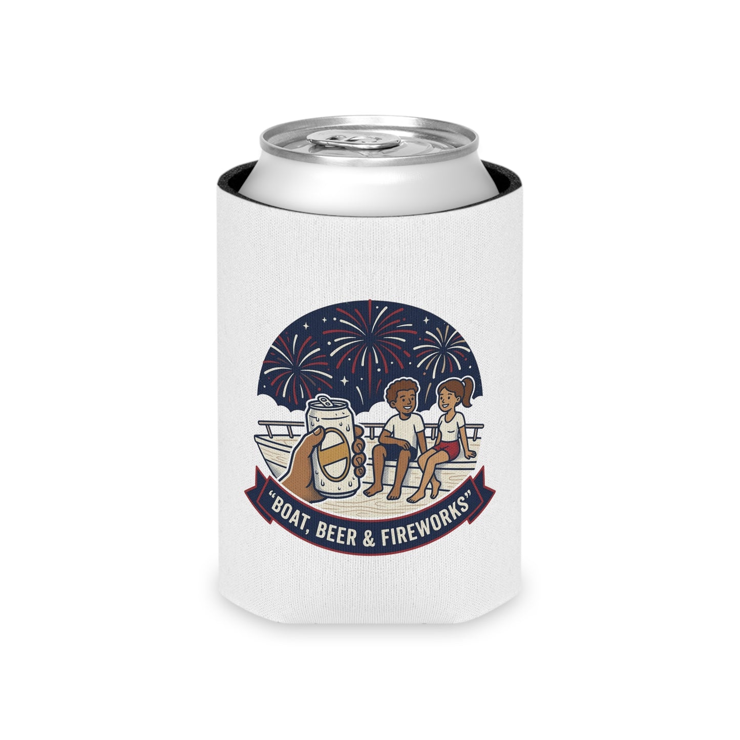 Boat, Beer & Fireworks Can Cooler — Insulated Beverage Koozie for Summer Parties