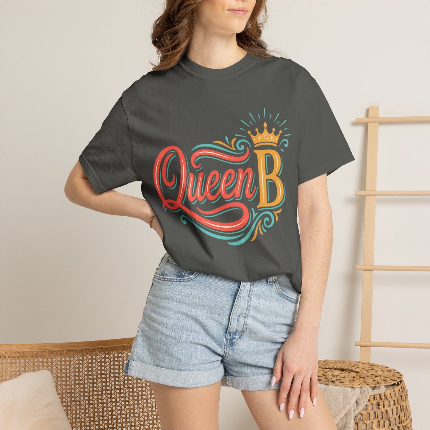 Queen B T-Shirt — Colorful Script Graphic Tee with Crown