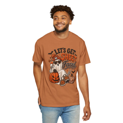 Halloween Ghost Dog T-Shirt — "Let’s Get Sheet Faced" Pumpkin Party Tee
