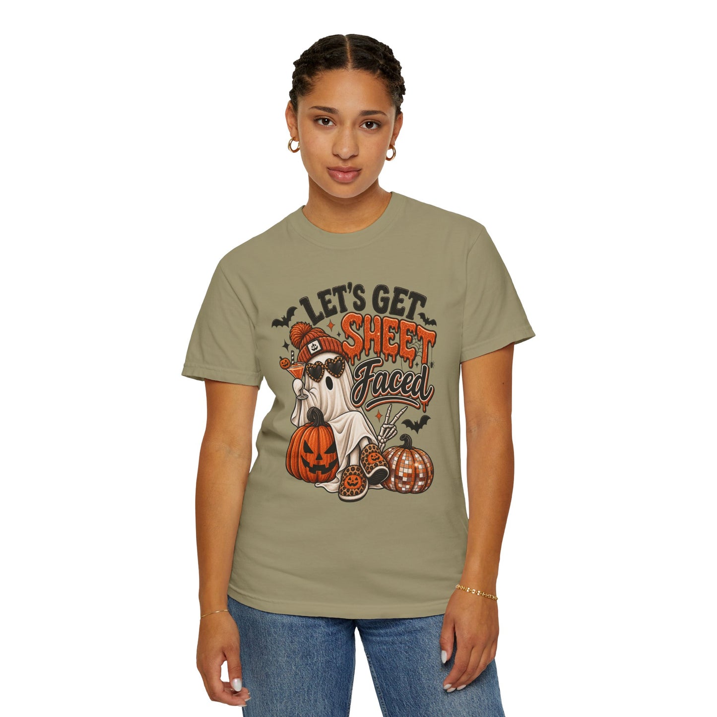 Halloween Ghost Dog T-Shirt — "Let’s Get Sheet Faced" Pumpkin Party Tee