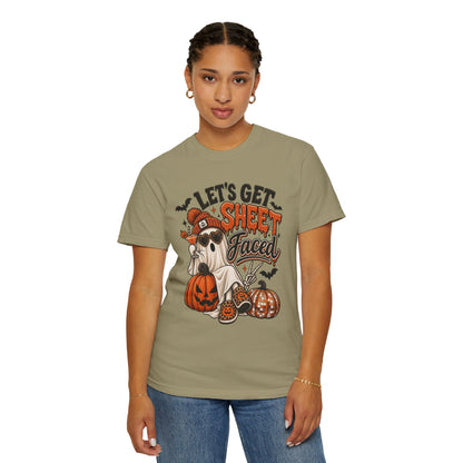 Halloween Ghost Dog T-Shirt — "Let’s Get Sheet Faced" Pumpkin Party Tee