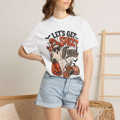 Halloween Ghost Dog T-Shirt — "Let’s Get Sheet Faced" Pumpkin Party Tee