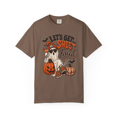 Halloween Ghost Dog T-Shirt — "Let’s Get Sheet Faced" Pumpkin Party Tee