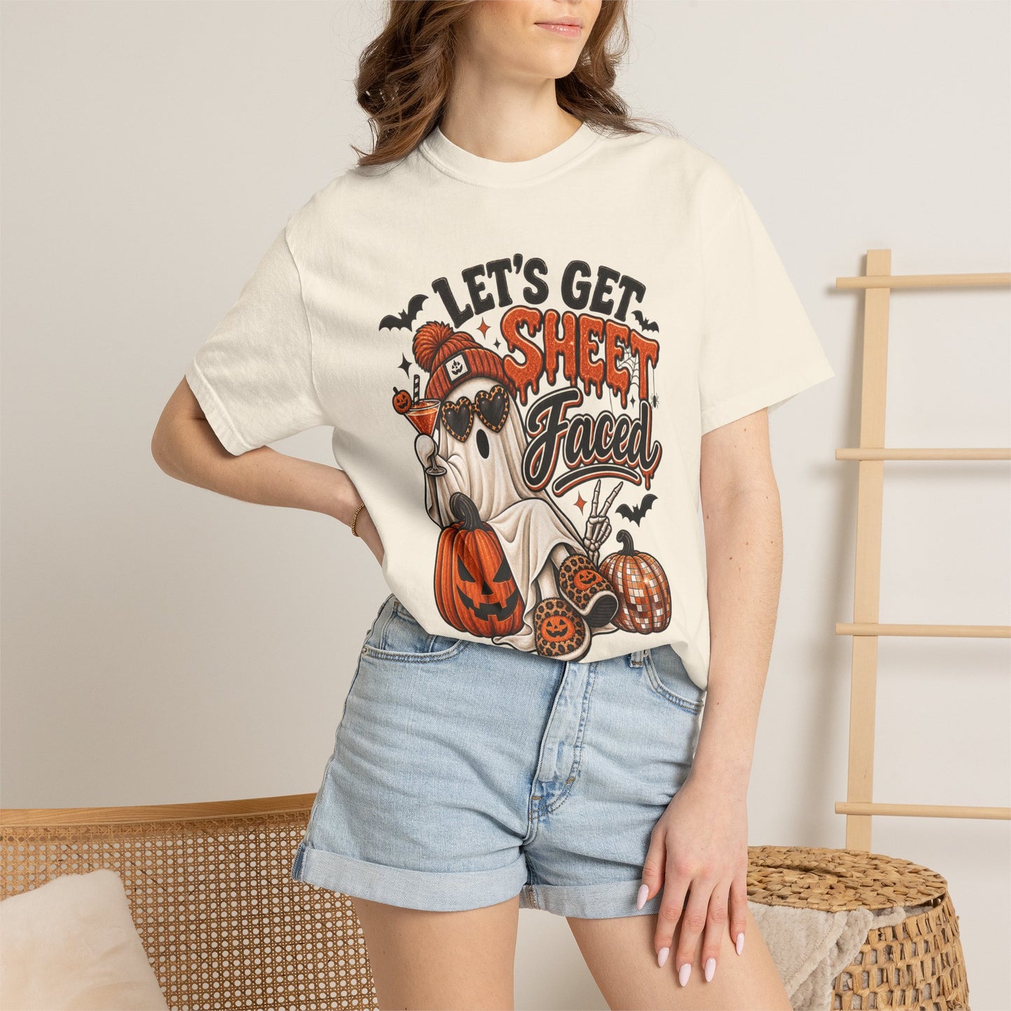Halloween Ghost Dog T-Shirt — "Let’s Get Sheet Faced" Pumpkin Party Tee