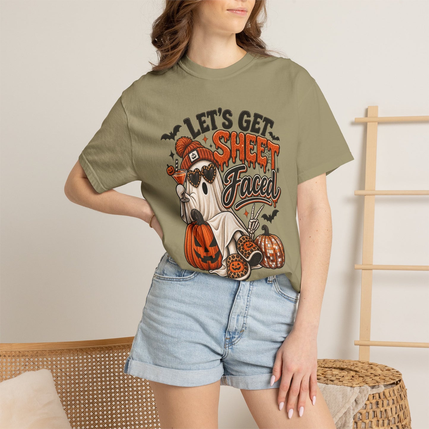 Halloween Ghost Dog T-Shirt — "Let’s Get Sheet Faced" Pumpkin Party Tee