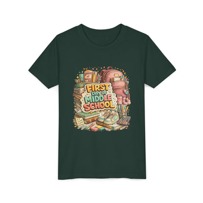 Youth Tee — "First Day of Middle School" Back-to-School Graphic Shirt