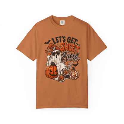Halloween Ghost Dog T-Shirt — "Let’s Get Sheet Faced" Pumpkin Party Tee