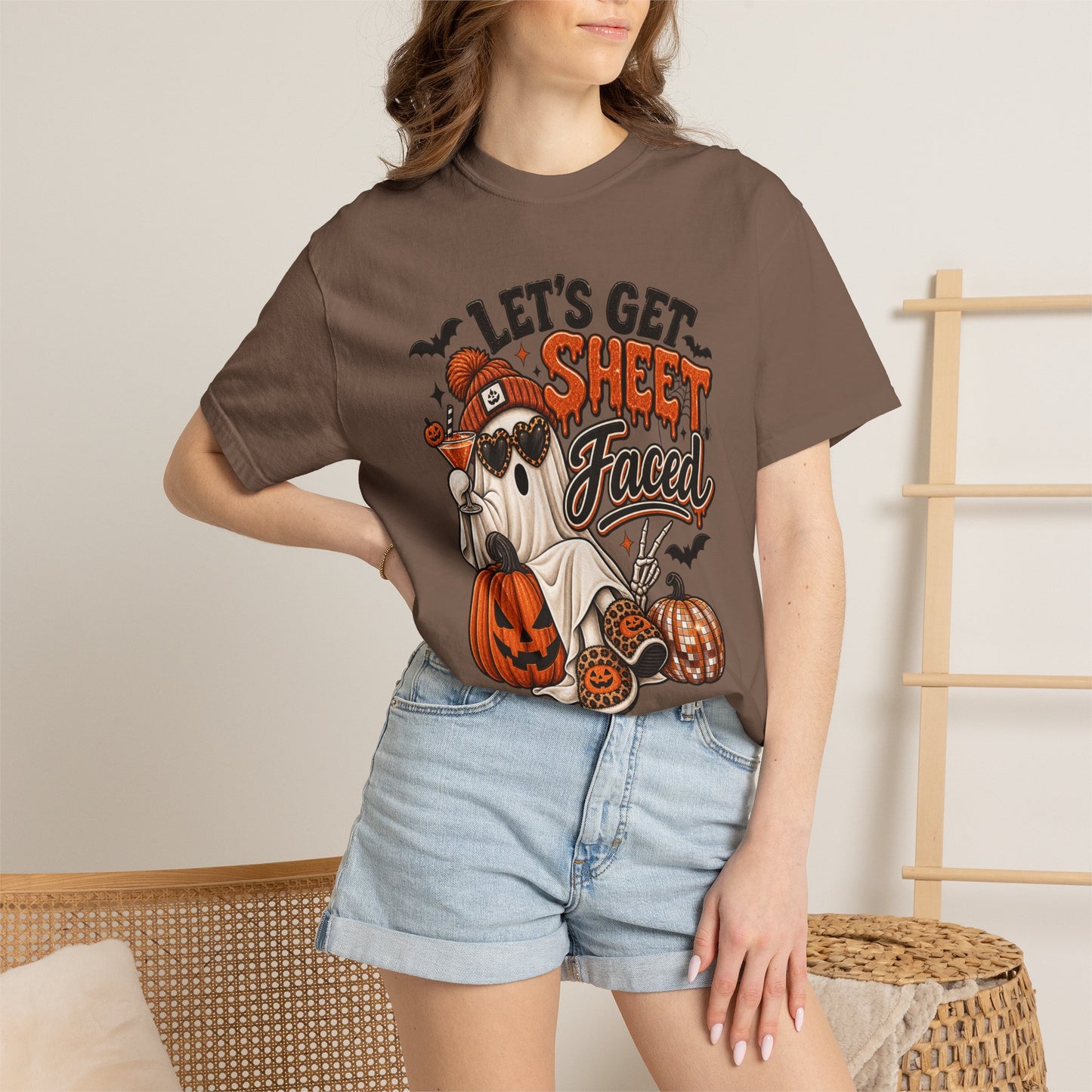 Halloween Ghost Dog T-Shirt — "Let’s Get Sheet Faced" Pumpkin Party Tee