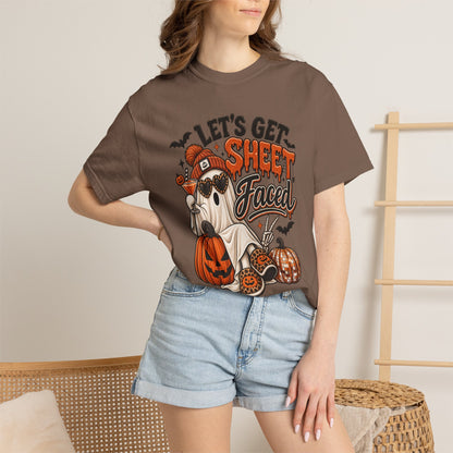 Halloween Ghost Dog T-Shirt — "Let’s Get Sheet Faced" Pumpkin Party Tee
