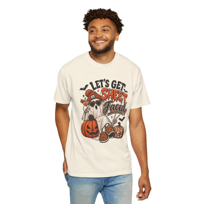 Halloween Ghost Dog T-Shirt — "Let’s Get Sheet Faced" Pumpkin Party Tee