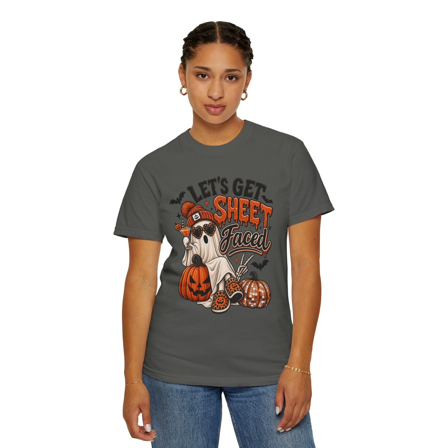 Halloween Ghost Dog T-Shirt — "Let’s Get Sheet Faced" Pumpkin Party Tee