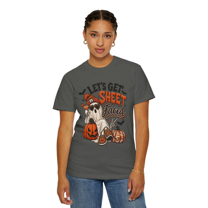 Halloween Ghost Dog T-Shirt — "Let’s Get Sheet Faced" Pumpkin Party Tee